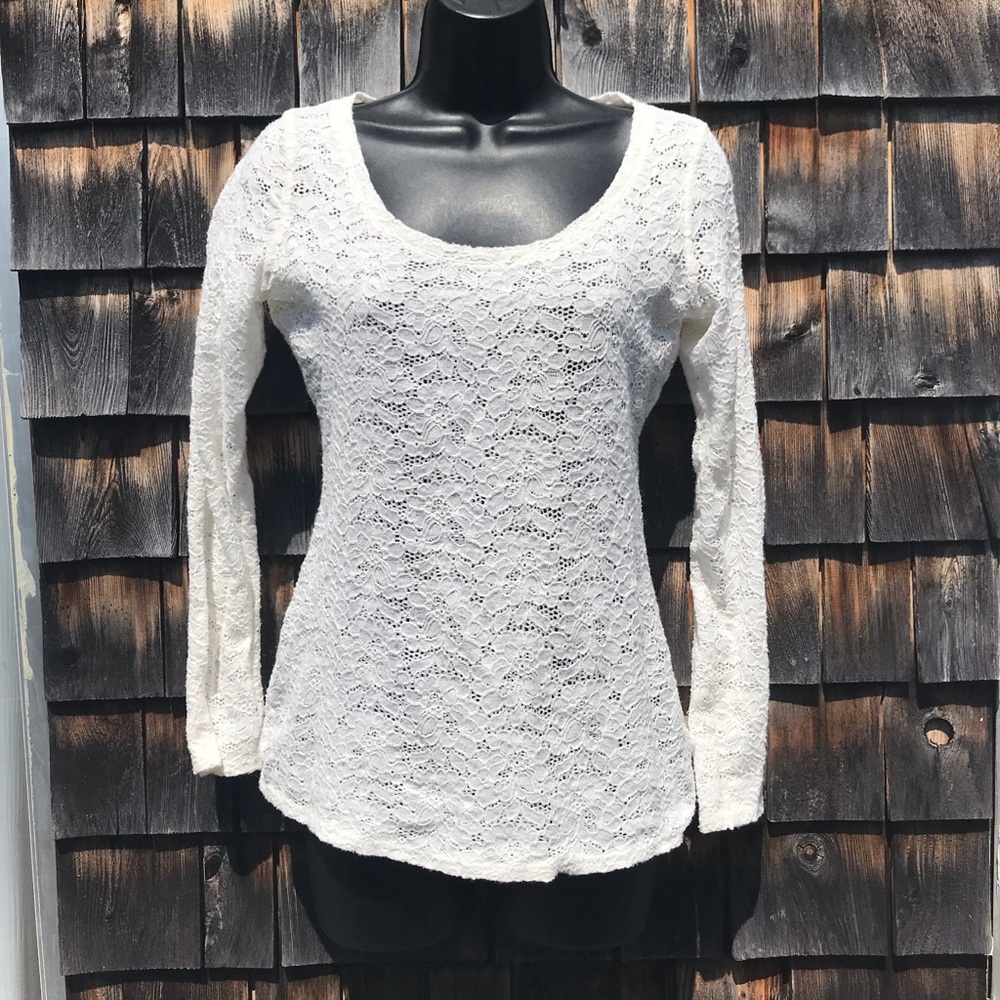 White Lace Long-Sleeve Scoop Neck Top